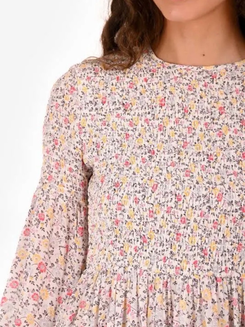Ganni Pink Floral Smocked Mini Dress with Yellow Accents